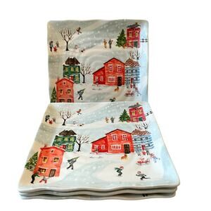 Maxcera Christmas Winter Village Dinner Plates 11in Holiday Snow Set of 4 NEW